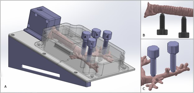 Computer rendering of the 3D printed pediatric bronchoscopy simulator with benchtop fixture and pegs
